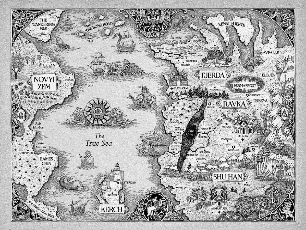 A map of the world that Shadow and Bone is set in, also known as the Grishaverse.