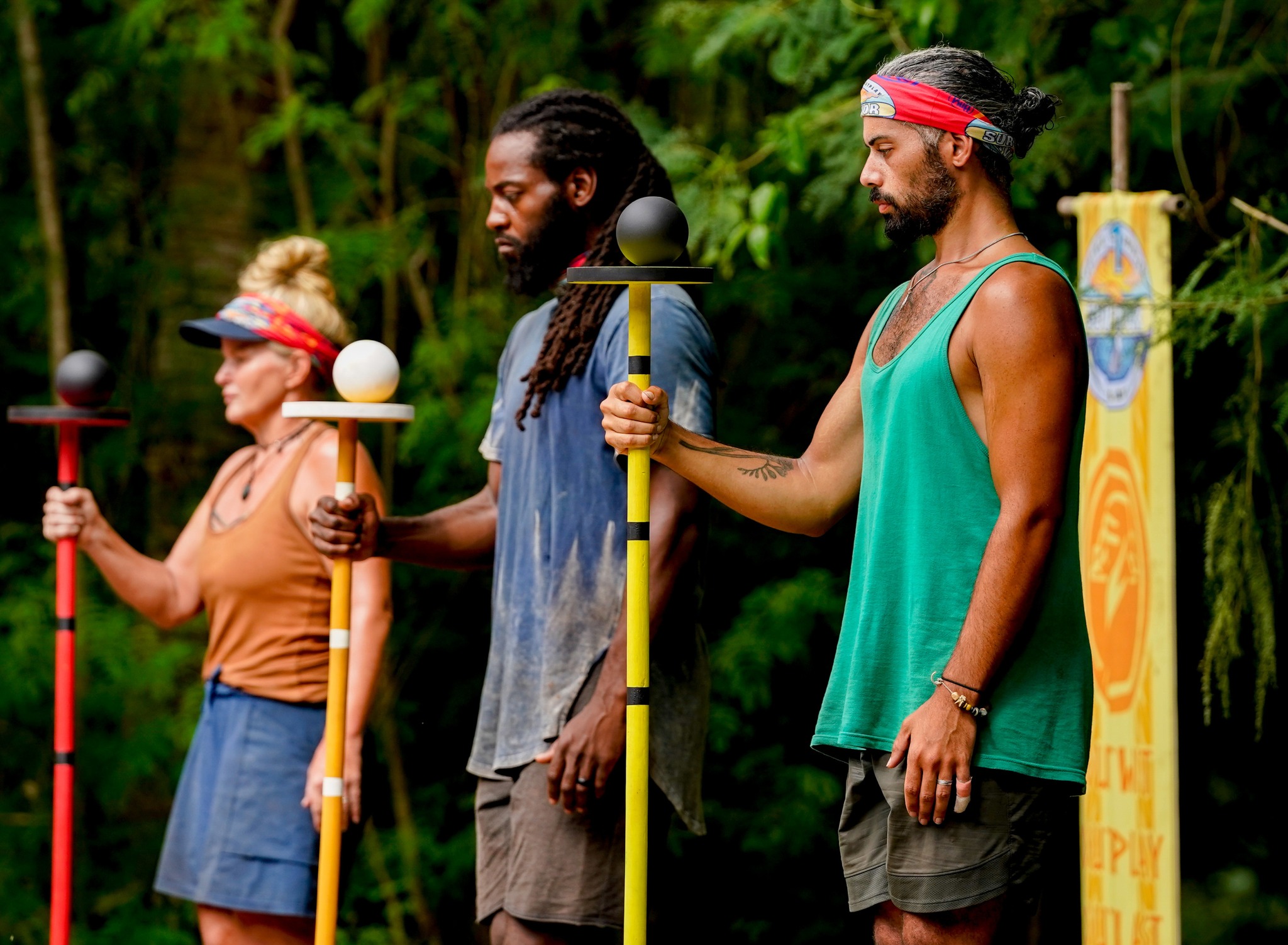 Heather, Danny, and Ricard competing on Survivor 41 immunity challenge