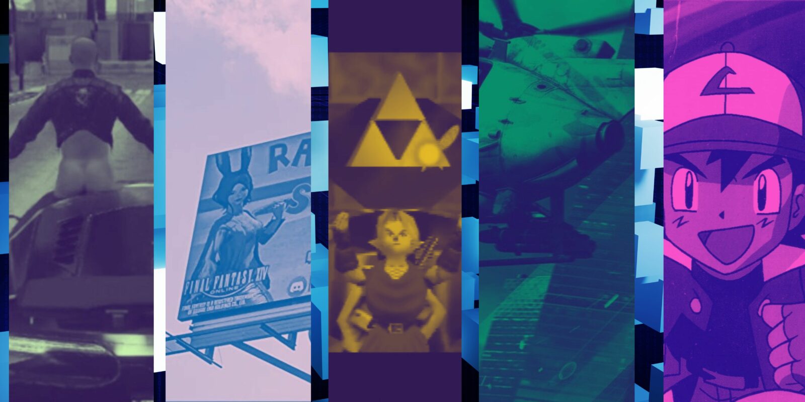 Pictured, Link from Zelda Ocarina of Time finding the Triforce, Ash from Pokemon in the cover of Puzzle League for Nintendo 64, A billboard for a community night club server in final fantasy 14 online, a cover of Battlefield 2042 from EA's website and a man tee posing out of his car with no pants in Cyberpunk 2077