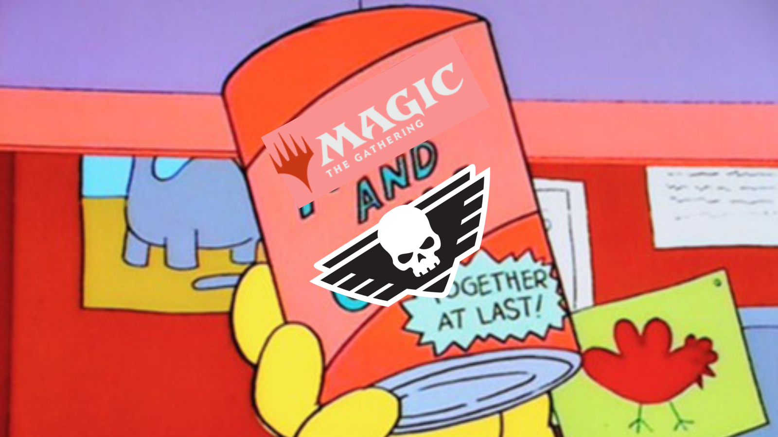 An image of The Simpson's meme where homer holds a can of nuts and gum, claiming "Together at last!" but with Magic the Gathering and Warhammer logos
